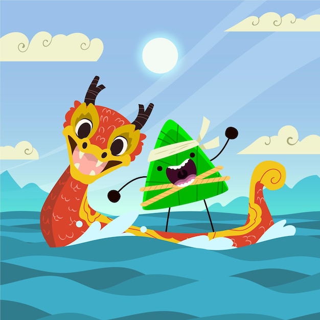 Familia de bote de dragón de dibujos animados preparando y comiendo ilustración de zongzi