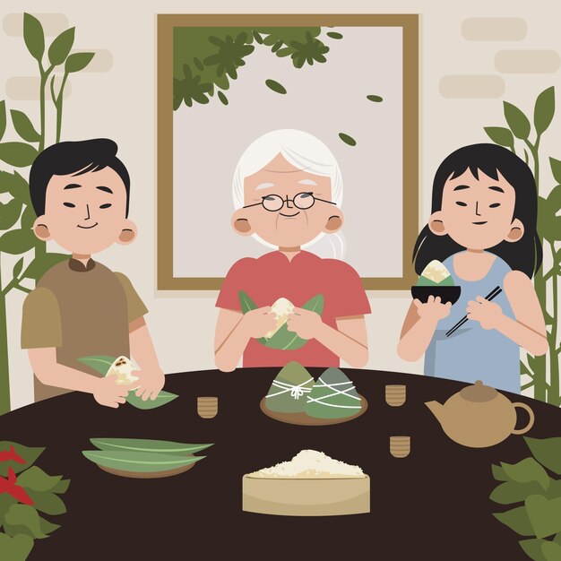 Familia de botes de dragón plana preparando y comiendo ilustración de zongzi