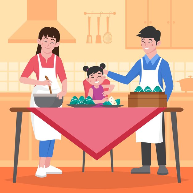 Familia de botes de dragón plano orgánico preparando y comiendo ilustración de zongzi