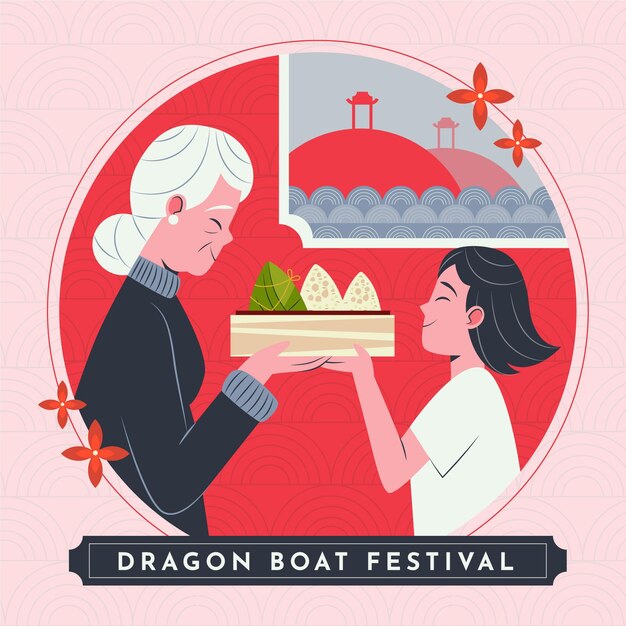 Familia de botes de dragón plano orgánico preparando y comiendo ilustración de zongzi