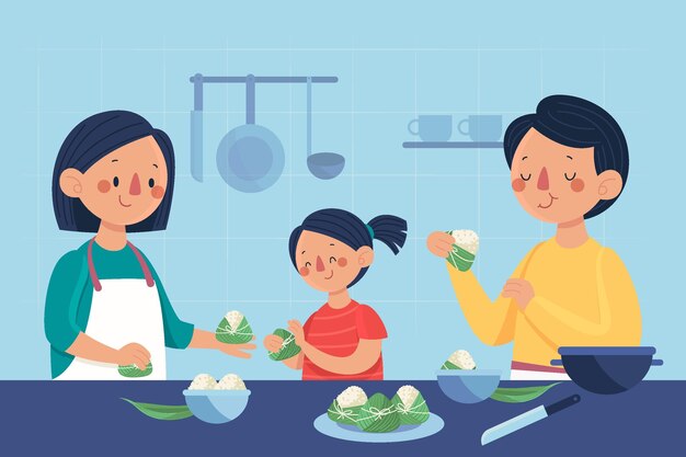Familia de botes de dragón plano orgánico preparando y comiendo ilustración de zongzi