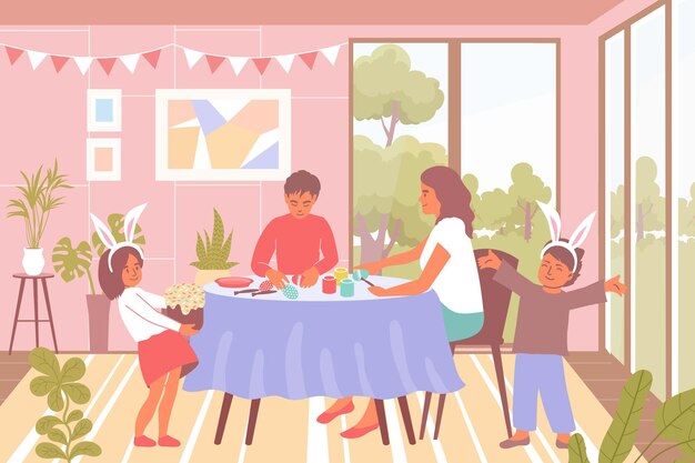 Familia celebrando el fondo plano de Pascua con niños en trajes de conejo y decorando huevos en la ilustración de la mesa