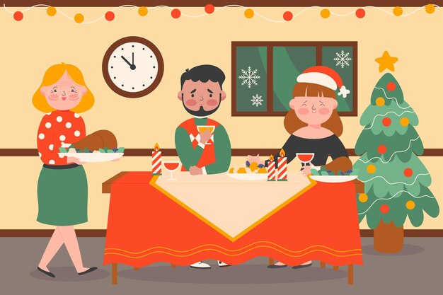 Familia celebrando la navidad con una deliciosa cena