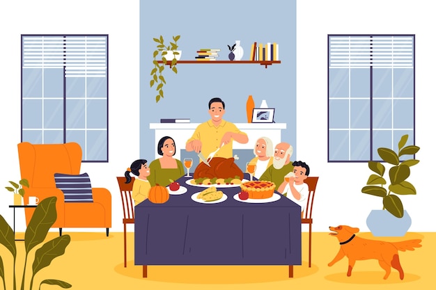 Vector gratuito familia cenando festivamente con pavo asado el día de acción de gracias en casa ilustración vectorial plana