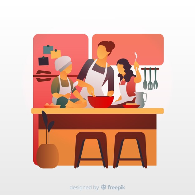 Familia cocinando en la cocina