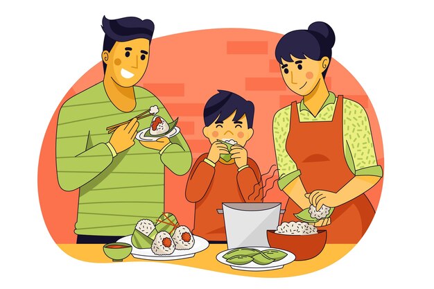 Familia comiendo ilustración zongzi