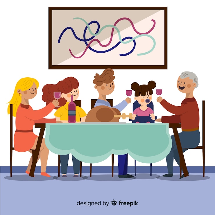 Vector gratuito familia comiendo junta dibujada a mano