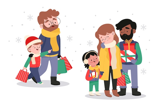 Vector gratuito familia comprando regalos de navidad