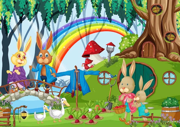 Vector gratuito familia de conejos en un bosque de fantasía