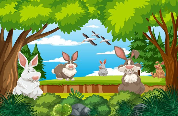 Familia de conejos en la escena del bosque.