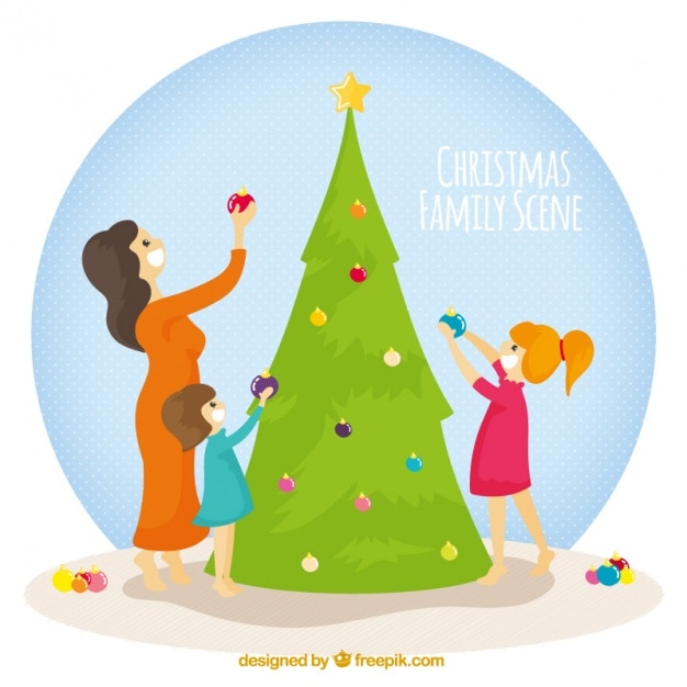 Vector gratuito familia decorando el árbol de navidad