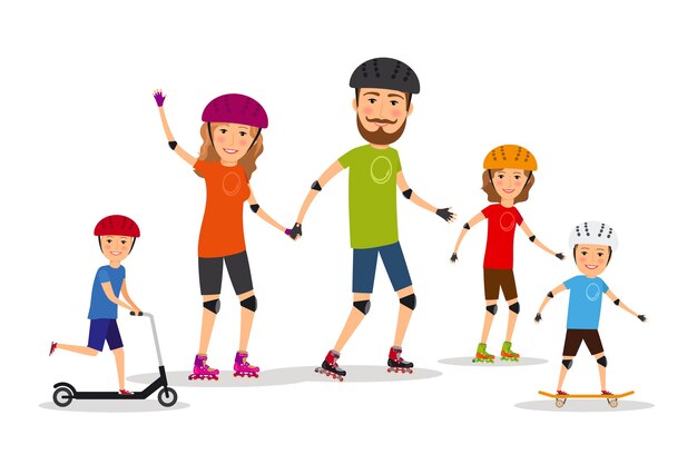 Familia deportiva. Mamá, papá e hijos patinan. Estilo de vida saludable, ilustración vectorial