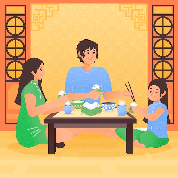 Familia dibujada a mano comiendo zongzi