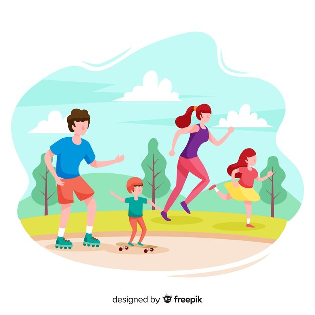 Familia dibujada a mano haciendo actividades al aire libre