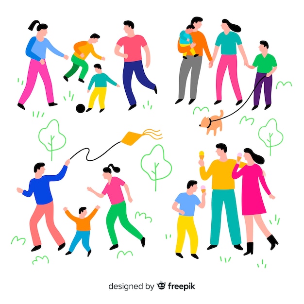Familia dibujada a mano haciendo actividades al aire libre