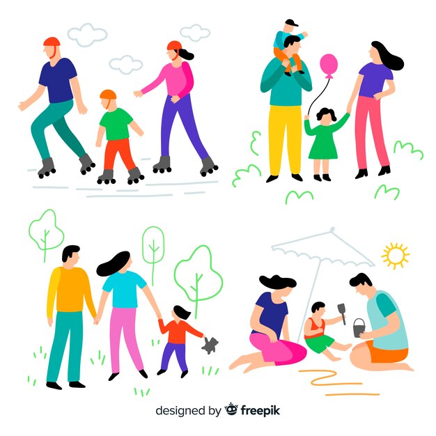 Familia dibujada a mano haciendo actividades al aire libre