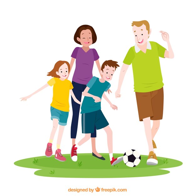 Familia dibujada a mano jugando al fútbol