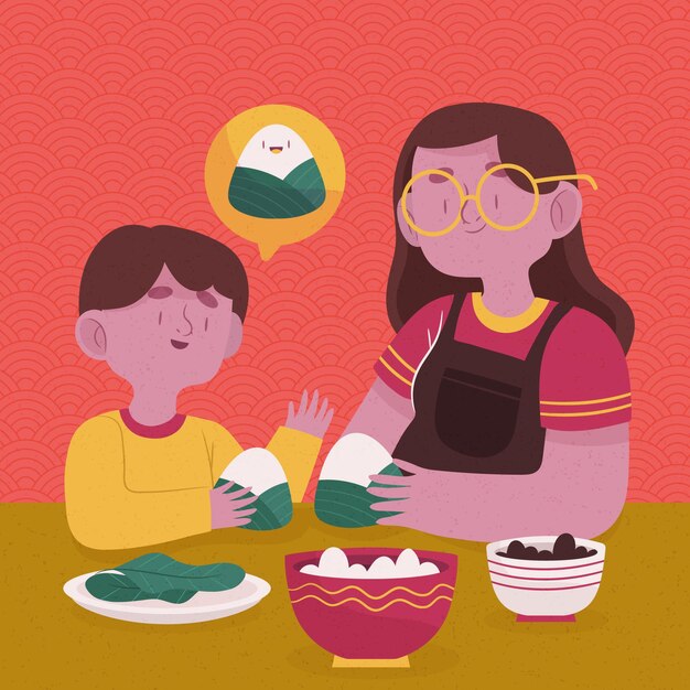 Familia dibujada a mano preparando y comiendo zongzi