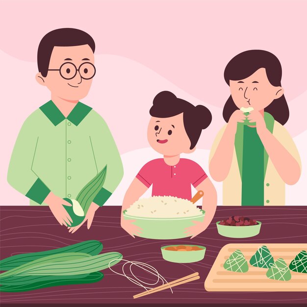 Familia dibujada a mano preparando y comiendo zongzi