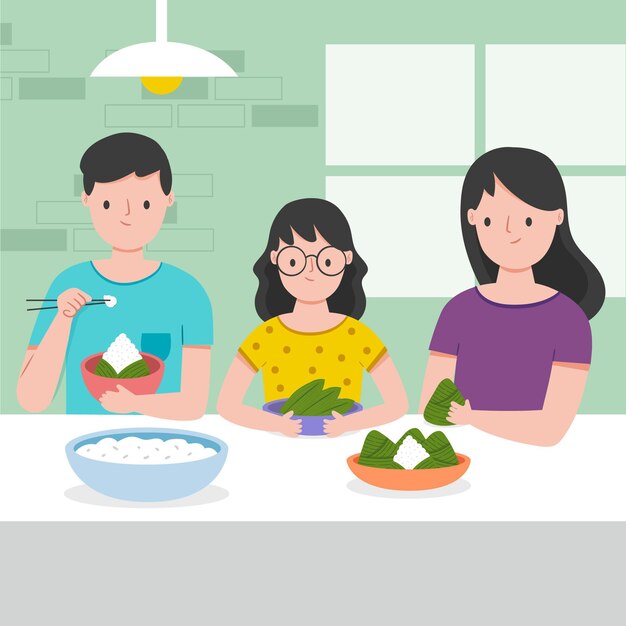 Familia dibujada a mano preparando y comiendo zongzi