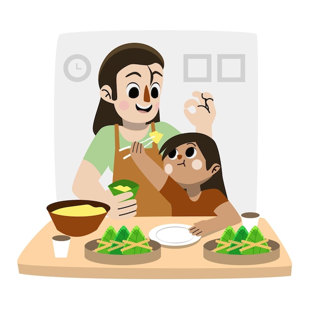 Familia dibujada a mano preparando y comiendo zongzi