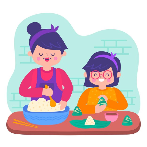 Familia dibujada a mano preparando y comiendo zongzi