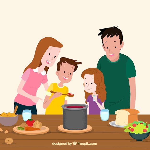 Familia dibujada a mano probando la comida