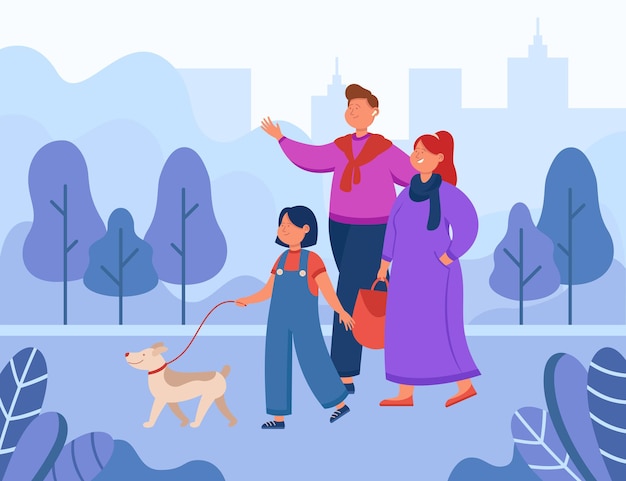 Familia de dibujos animados feliz paseando a un perro en el parque de la ciudad. ilustración plana | Vector Premium