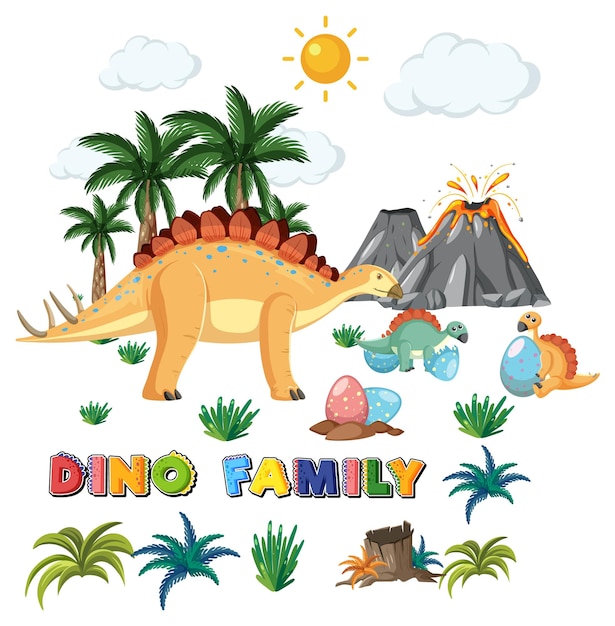Vector gratuito familia de dinosaurios con objetos del bosque.