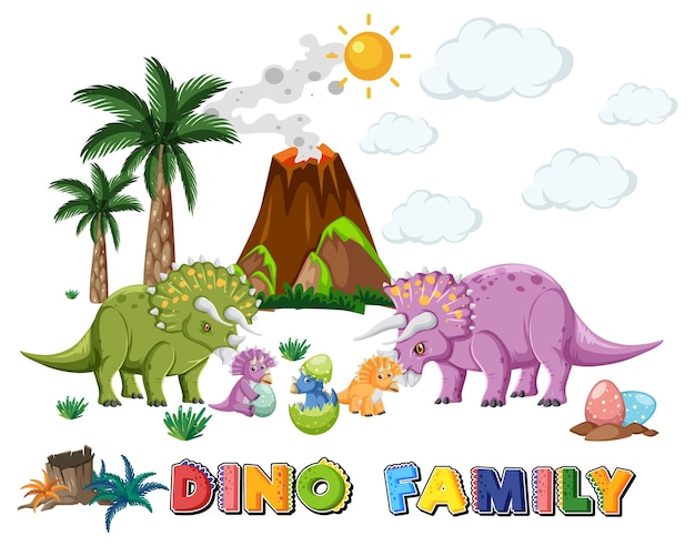 Familia de dinosaurios con objetos del bosque.