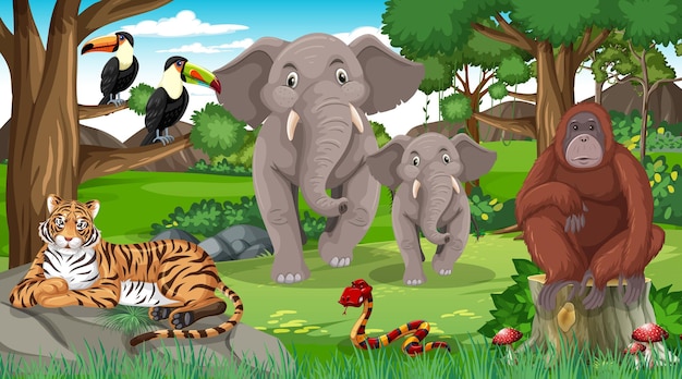 Vector gratuito familia de elefantes con otros animales salvajes en la escena del bosque