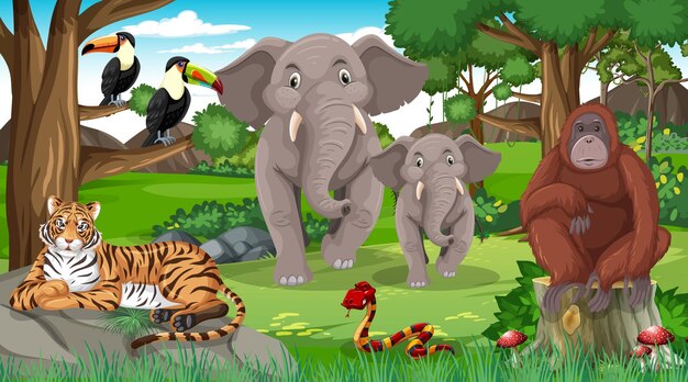 Familia de elefantes con otros animales salvajes en la escena del bosque