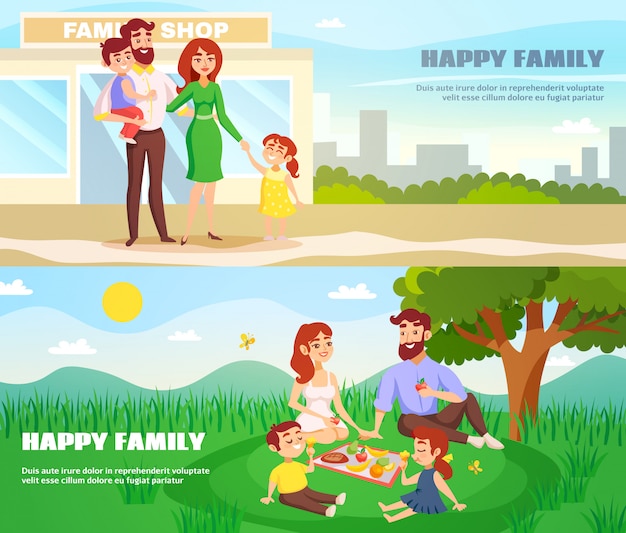 Vector gratuito familia feliz al aire libre banners horizontales