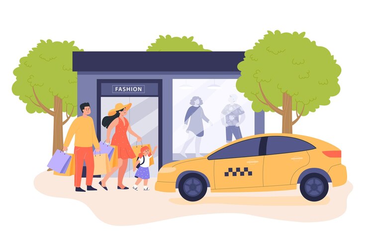 Vector gratuito familia feliz con bolsas de compras caminando hacia un taxi