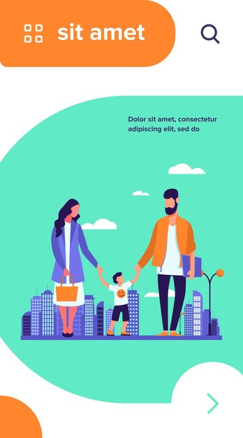 Familia feliz caminando en la ciudad