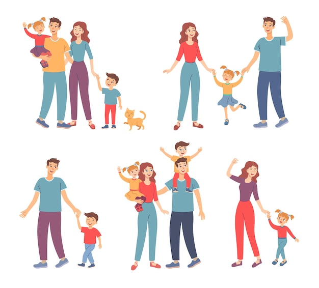Vector gratuito familia feliz caminando juntos al aire libre. ilustraciones de padres e hijos tomados de la mano.