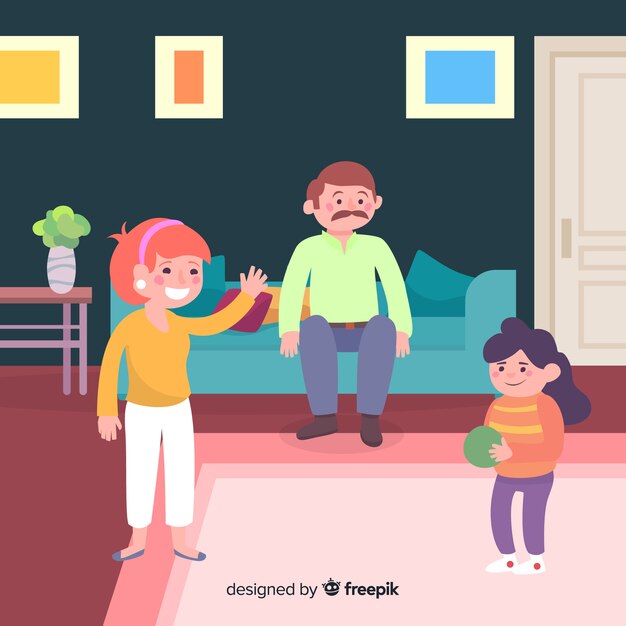 Familia feliz en casa con diseño plano