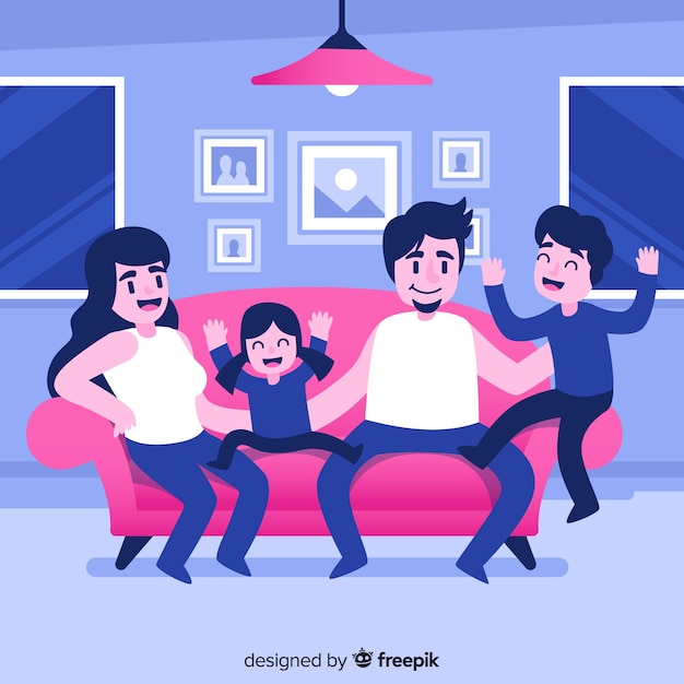 Familia feliz en casa con diseño plano