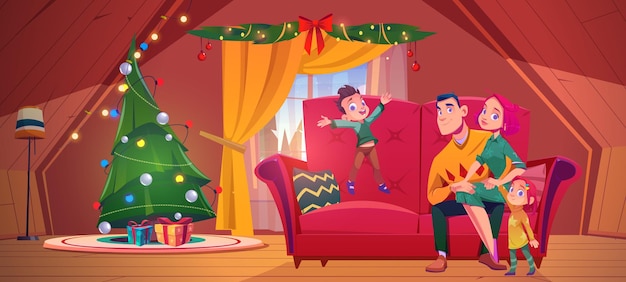 Vector gratuito la familia feliz celebra la navidad en la casa del chalet