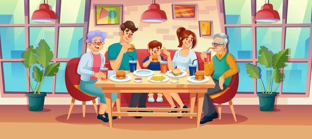 Familia Feliz Cenando El Almuerzo Juntos En El Restaurante De Comida Rapida Vector Premium