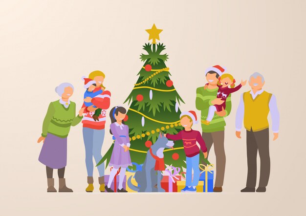 Familia feliz cerca de árbol de Navidad y cajas de regalo ilustración plana