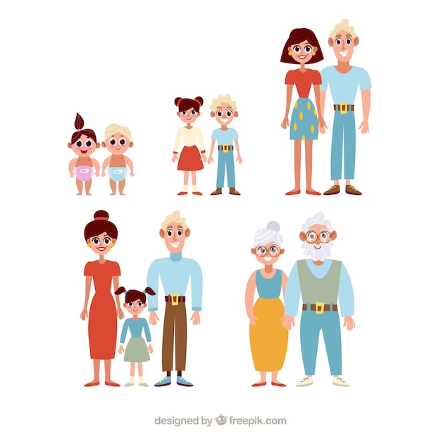 Familia feliz en distintas etapas de la vida con diseño plano