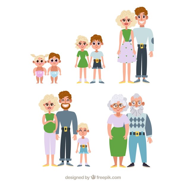 Familia feliz en distintas etapas de la vida con diseño plano