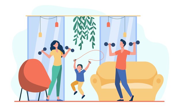 Familia feliz entrenando juntos ilustración plana.