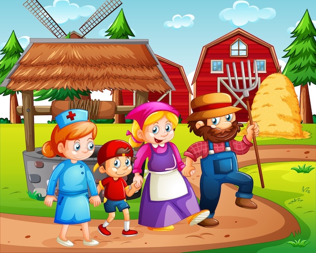 Familia feliz en la granja con granero rojo y escena de molino de viento