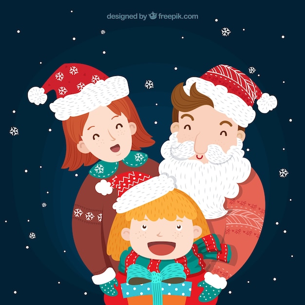 Vector gratuito familia feliz con el padre disfrazado de papá noel