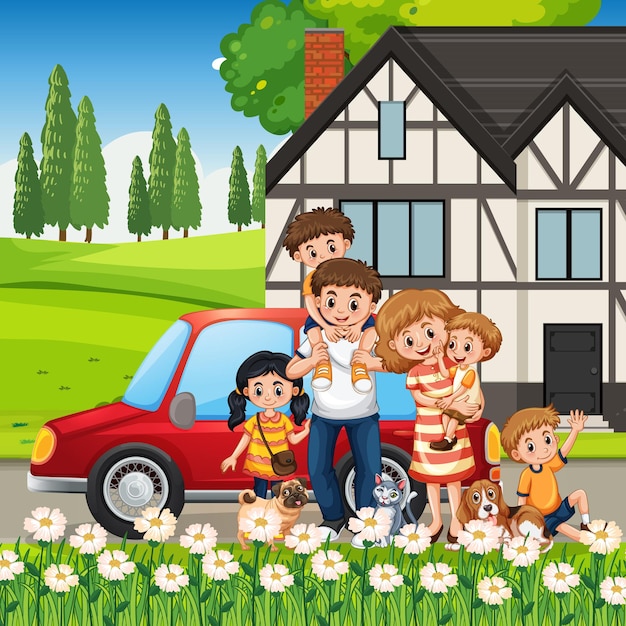 Vector gratuito familia feliz de pie fuera de casa con un coche
