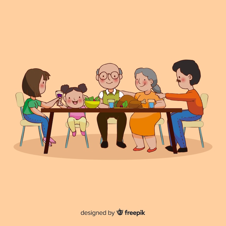 Vector gratuito familia feliz sentada en la mesa, diseño de personajes