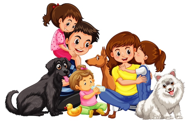 Vector gratuito familia feliz con sus mascotas sobre fondo blanco.