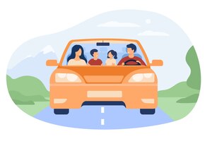 Vector gratis familia feliz viajando en automóvil aislado ilustración vectorial plana. vista frontal de dibujos animados padre, madre, hijo e hija en coche.